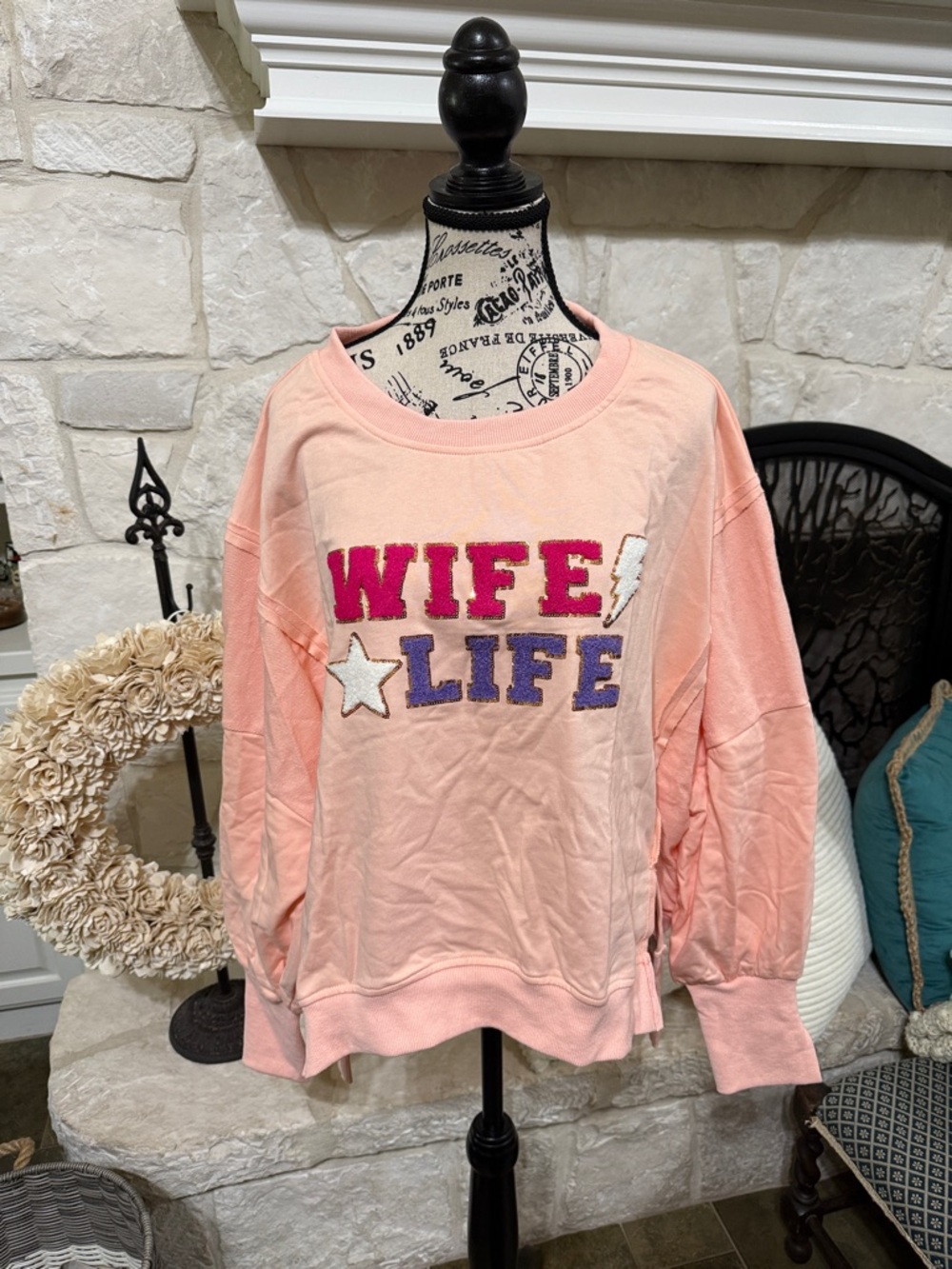 Wife Life Puff-Text Pullover Sweatshirt - Light Peach